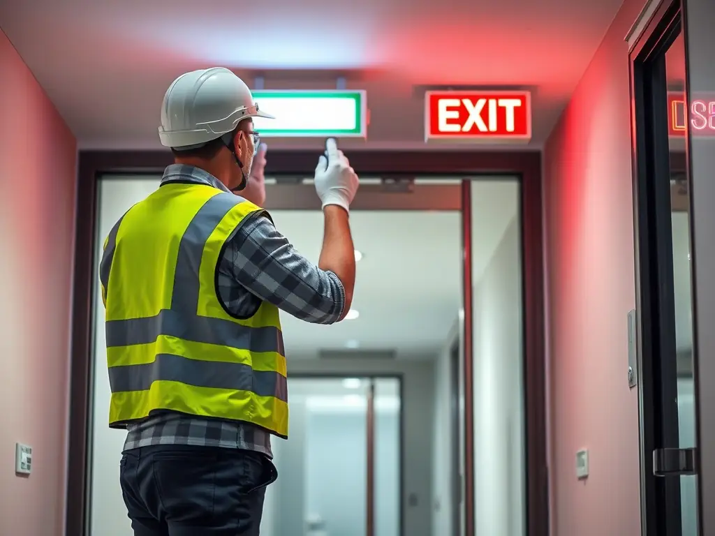 A clear shot of a safety professional installing a highly visible, illuminated 'Emergency Exit' sign above a doorway in a modern office building, ensuring clear guidance during emergencies.