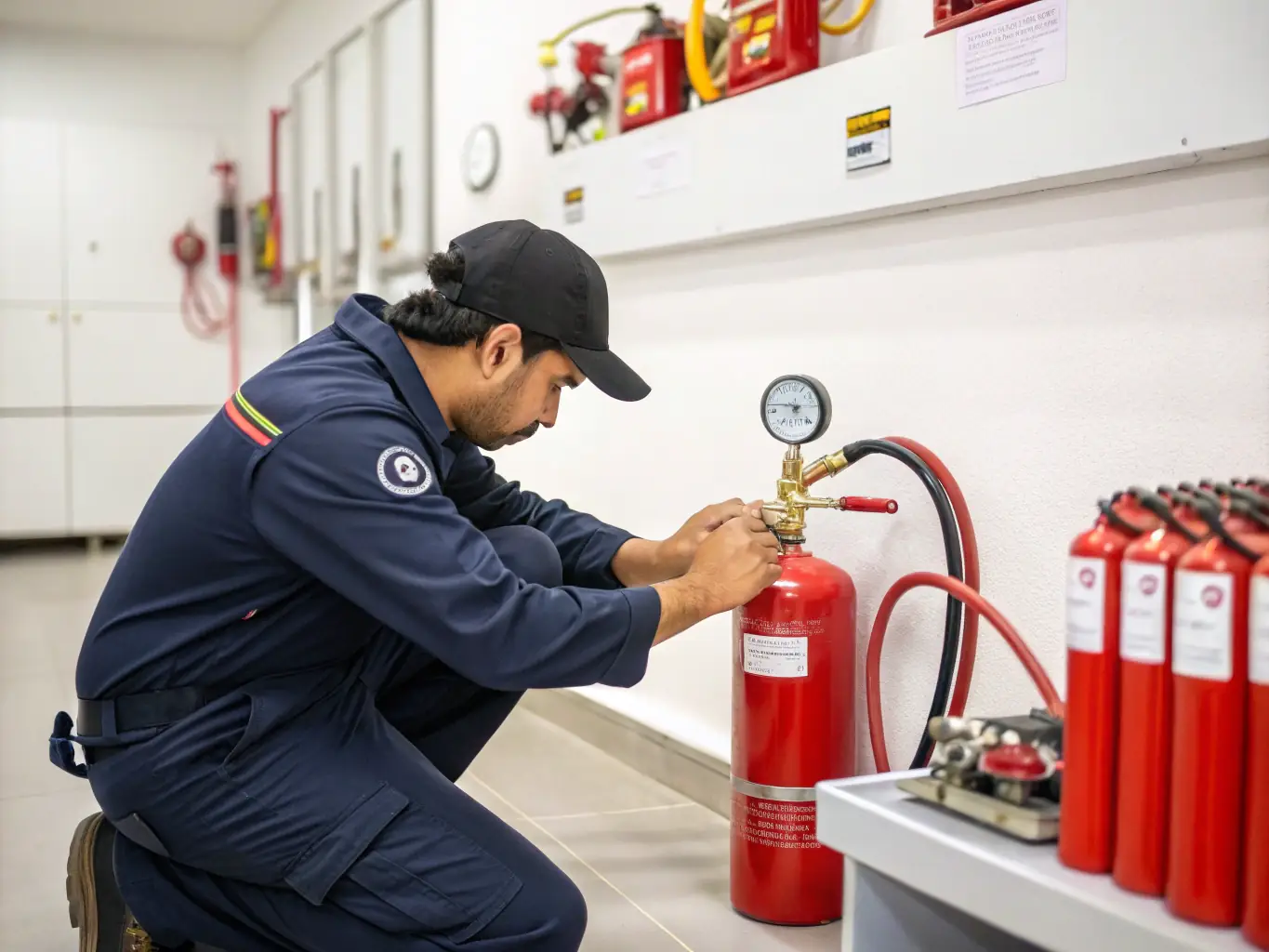 A close-up shot of a technician meticulously inspecting a fire extinguisher gauge, ensuring it is within the optimal pressure range, set in a well-lit commercial environment.