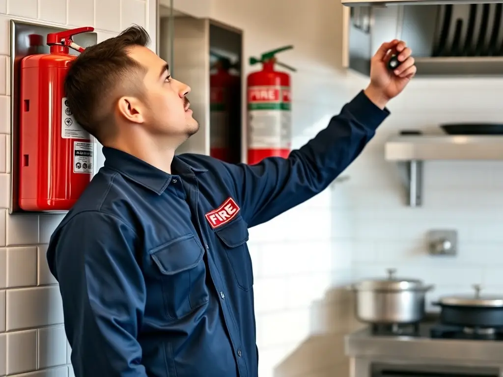 A technician inspecting a fire extinguisher in a commercial building, ensuring it is properly charged and ready for use, with a focus on detail and compliance with safety standards.