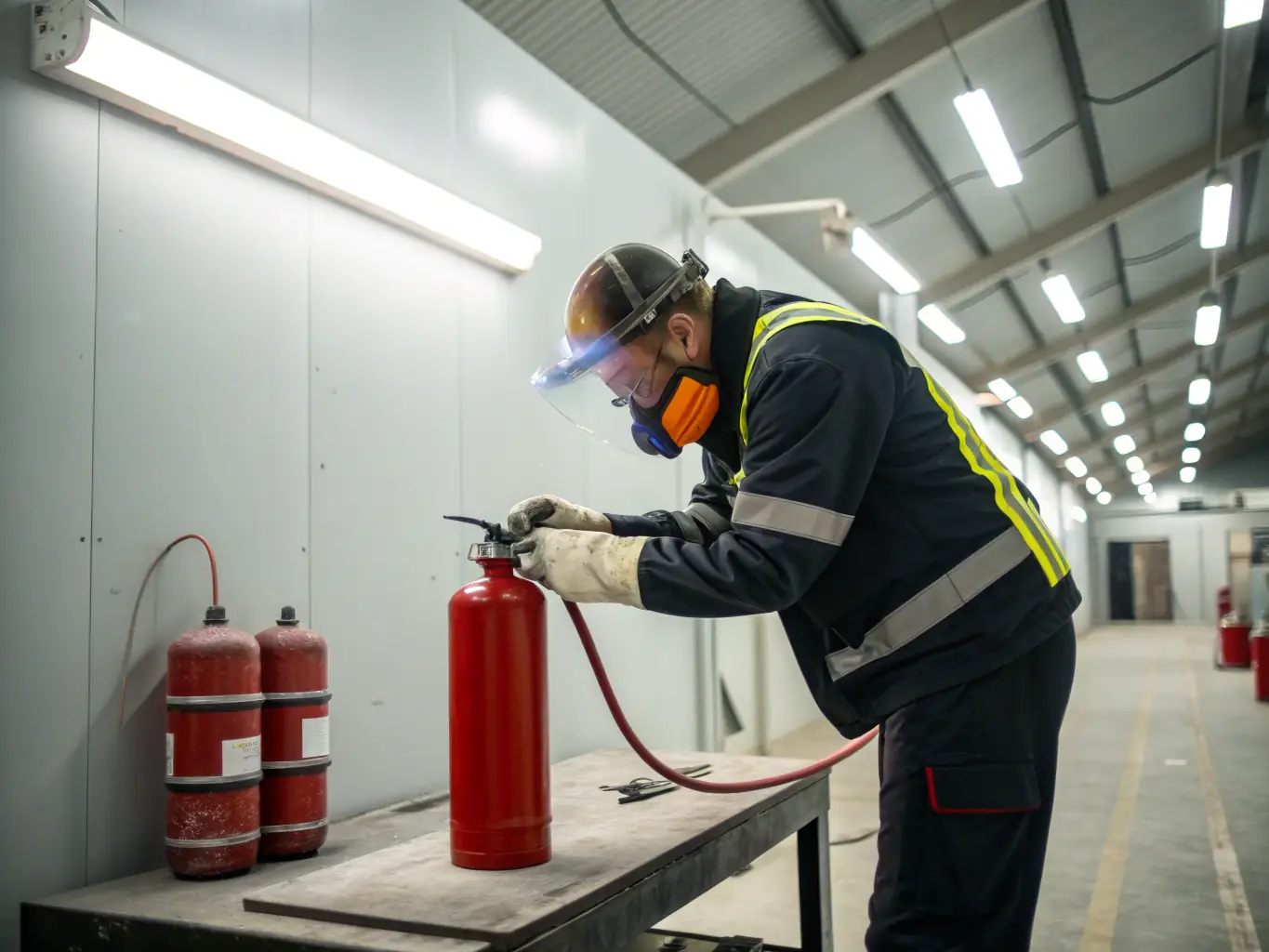 A technician refilling a fire extinguisher in a workshop, showcasing the maintenance process and the importance of keeping fire extinguishers in optimal condition.