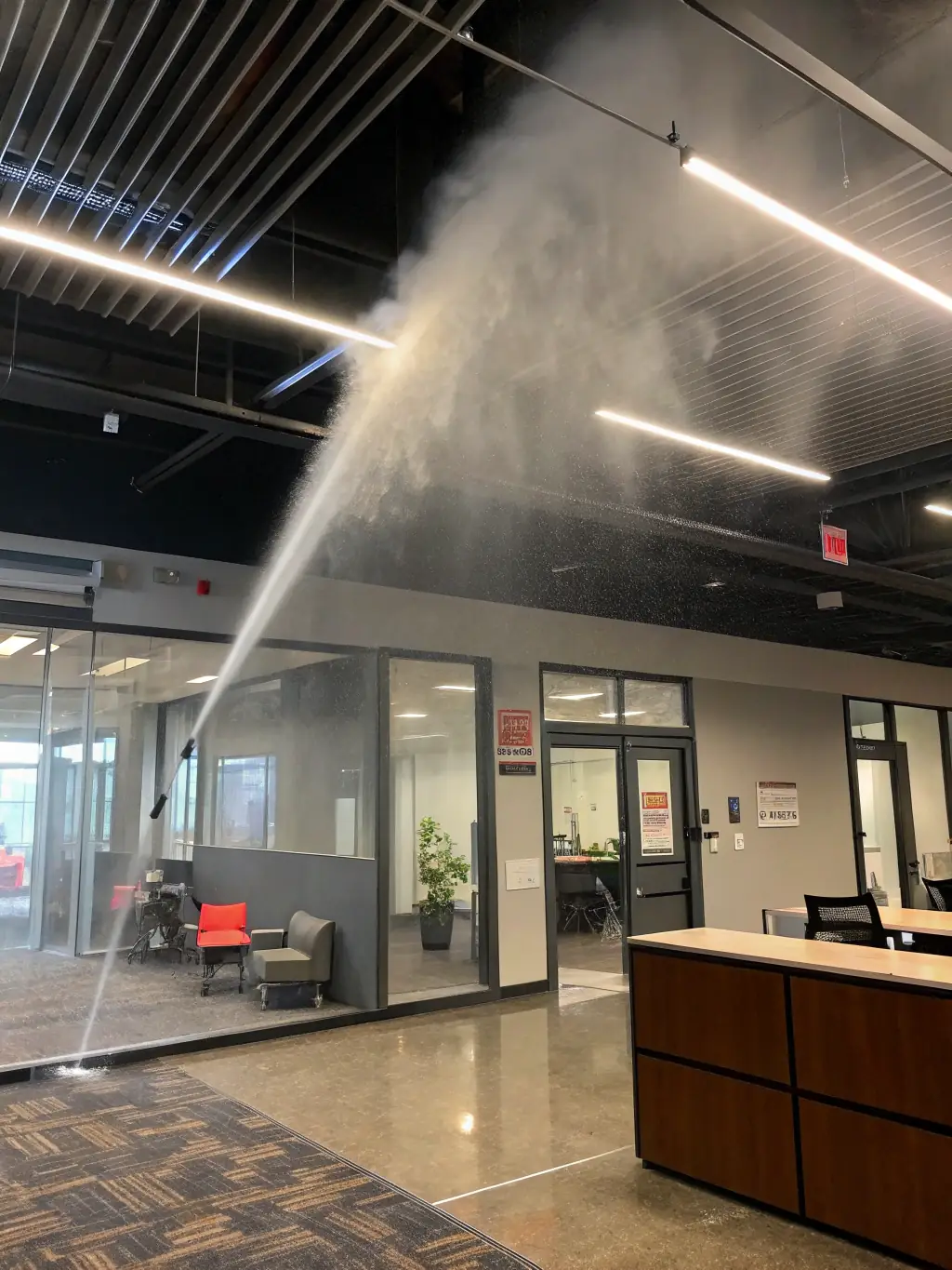 A detailed image of a fire water network system, including pipes, valves, and sprinkler heads, installed in a commercial building, highlighting Tűzhatár Ltd.'s expertise in providing these systems.