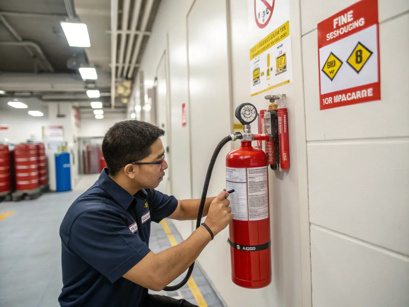 A technician performing maintenance on a fire extinguisher, checking the pressure gauge and ensuring all components are in optimal working condition.