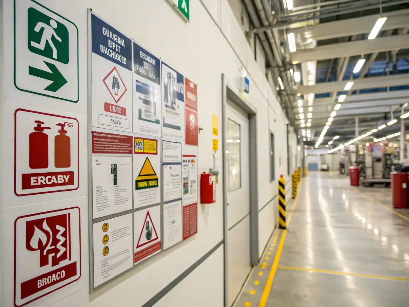 A worker installing a bright, clear safety sign indicating the location of a fire exit in a well-lit office environment.