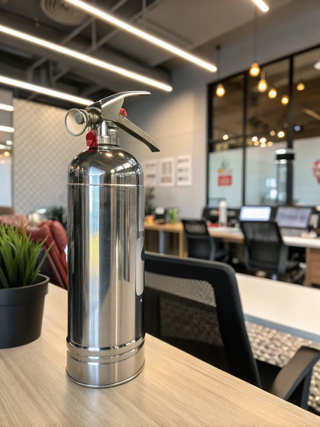 A high-quality fire extinguisher with a clear label and pressure gauge, placed in a modern office setting to showcase its availability for purchase from Tűzhatár Ltd.