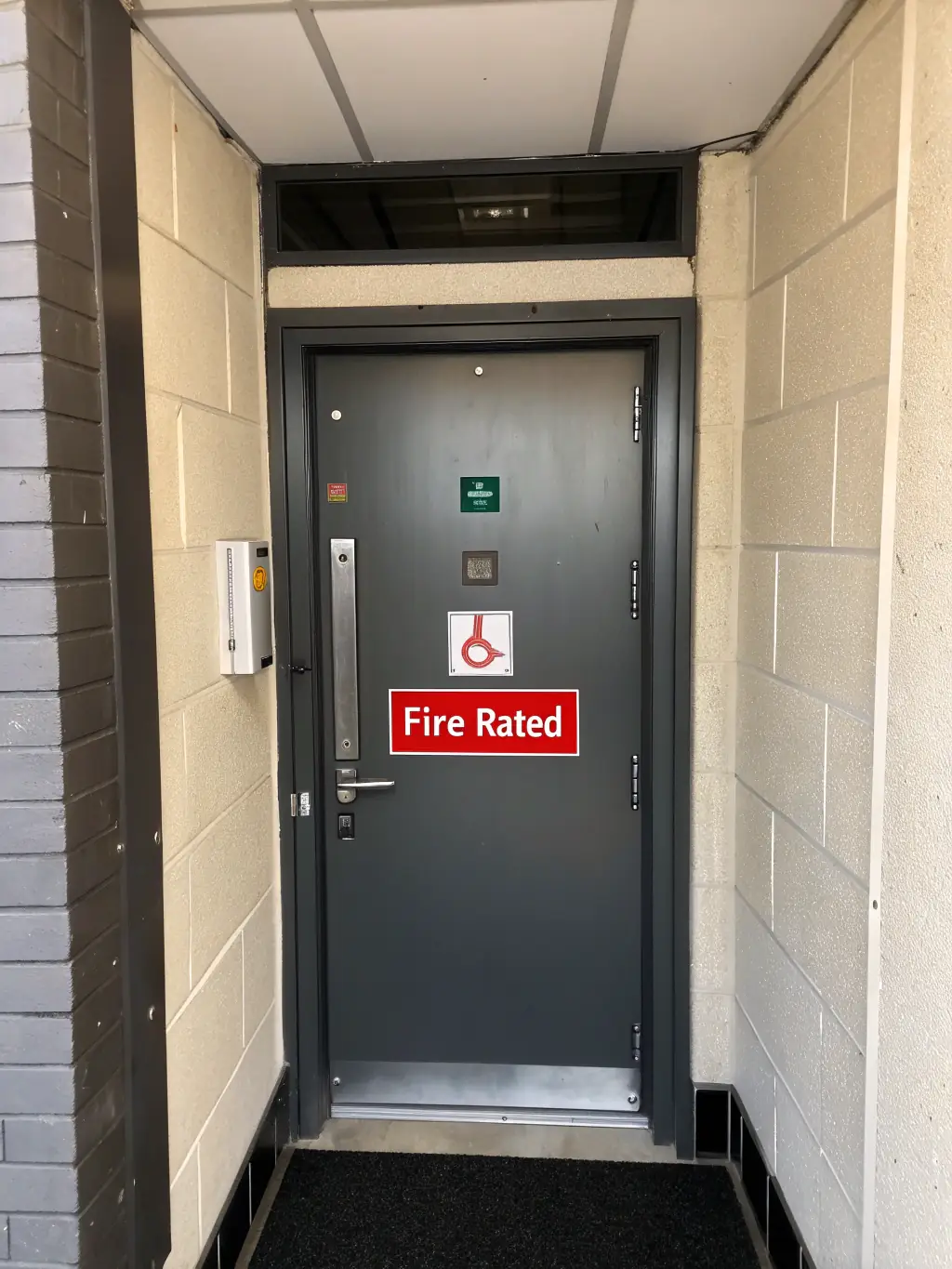 A fire-rated door with a clear 'Fire Door' sign, installed in a hallway of a commercial building, demonstrating Tűzhatár Ltd.'s offerings of fire and smoke barrier doors.