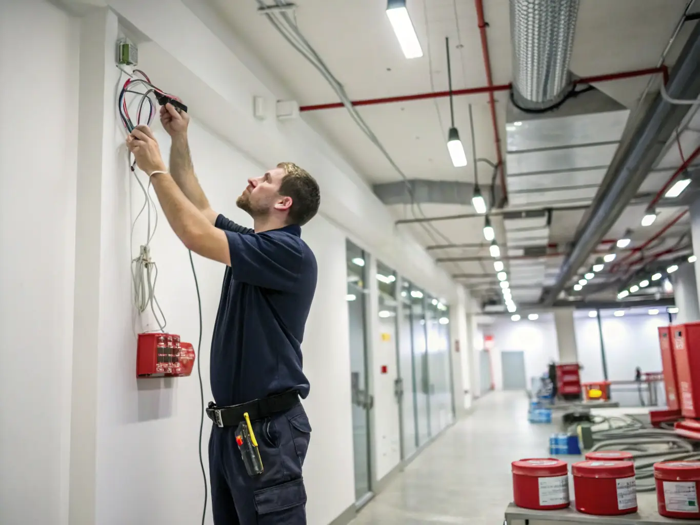 A safety technician installing fire safety signs in an office corridor, ensuring clear visibility and compliance with safety regulations for emergency exits and fire equipment locations.