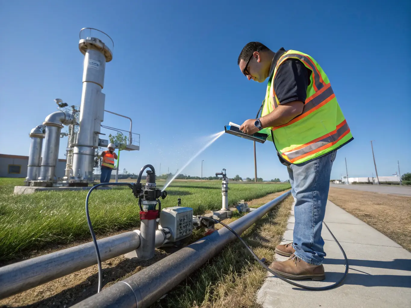 A technician in full safety gear conducting a pressure test on a fire hydrant, with water spraying out to verify its functionality, set against an industrial backdrop.